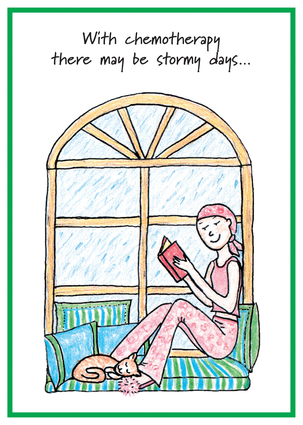 Woman sitting on window seat, reading a book as rain falls outside