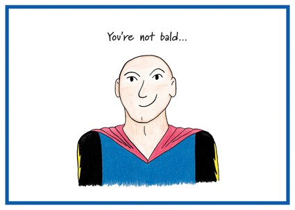Bald man wearing superhero cape, a wry smile on his face