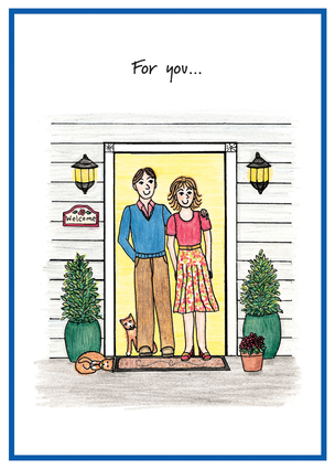 Man and woman standing in their front doorway, looking out